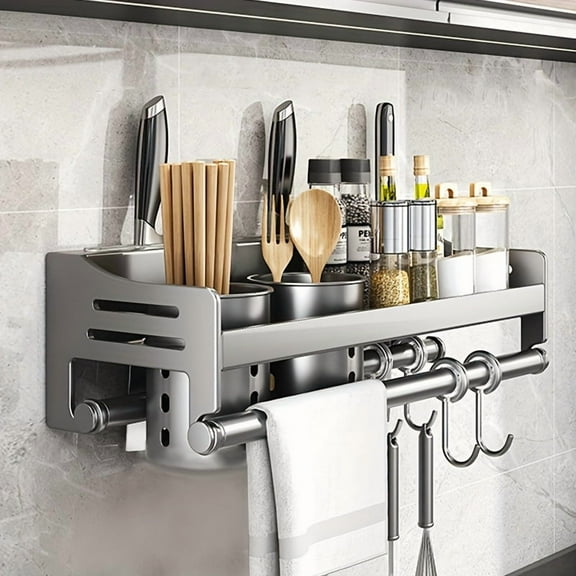 Stainless Steel Wall-Mounted Kitchen Rack - No-Drill Space-Saving Organizer with Double Cup Holder (Modern Metallic)