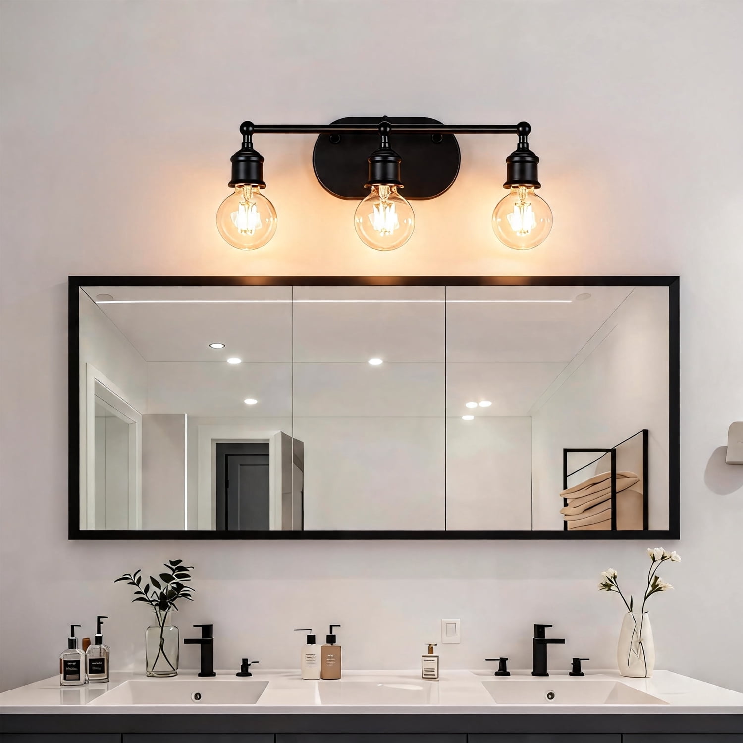 Black Vintage Vanity Light Fixture - 3-Light E26 Wall Mount for Bathroom (Bulbs Not Included)