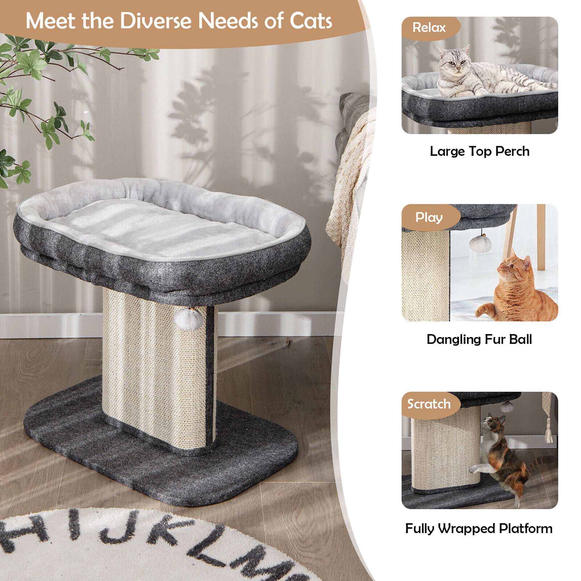 Gymax Modern Cat Tree Tower Cat Activity Tower w/ Large Plush Perch Grey