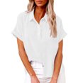 thumbnail image 2 of AherBiu Plus Size Tops for Women Half Button Lapel V Neck Short Sleeve Cotton Linen Shirts Lightweight Summer Casual Blouse, 2 of 7