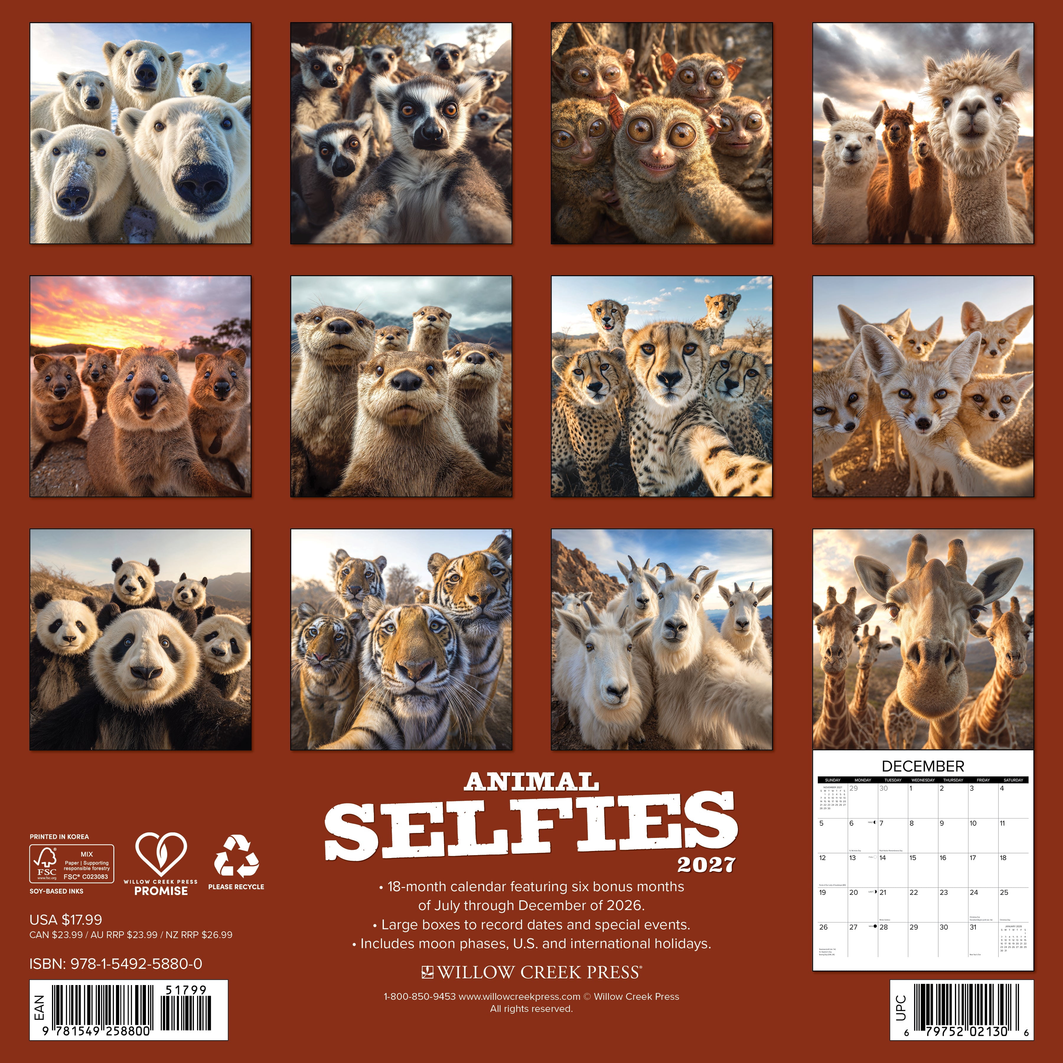 Willow Creek Press, Animal Selfies 2027 Wall Calendar