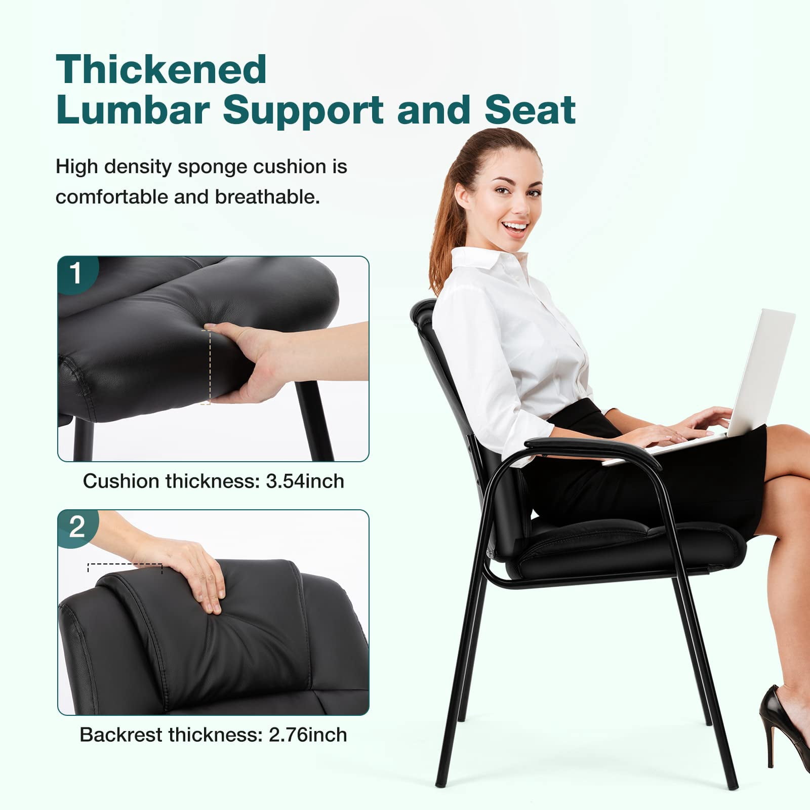 GIANNA Set of 2 Leather Guest Chairs with Padded Arms, Office Reception Side Chairs for Waiting Room, Conference, Lobby, Church, Clinic, or Home, Black
