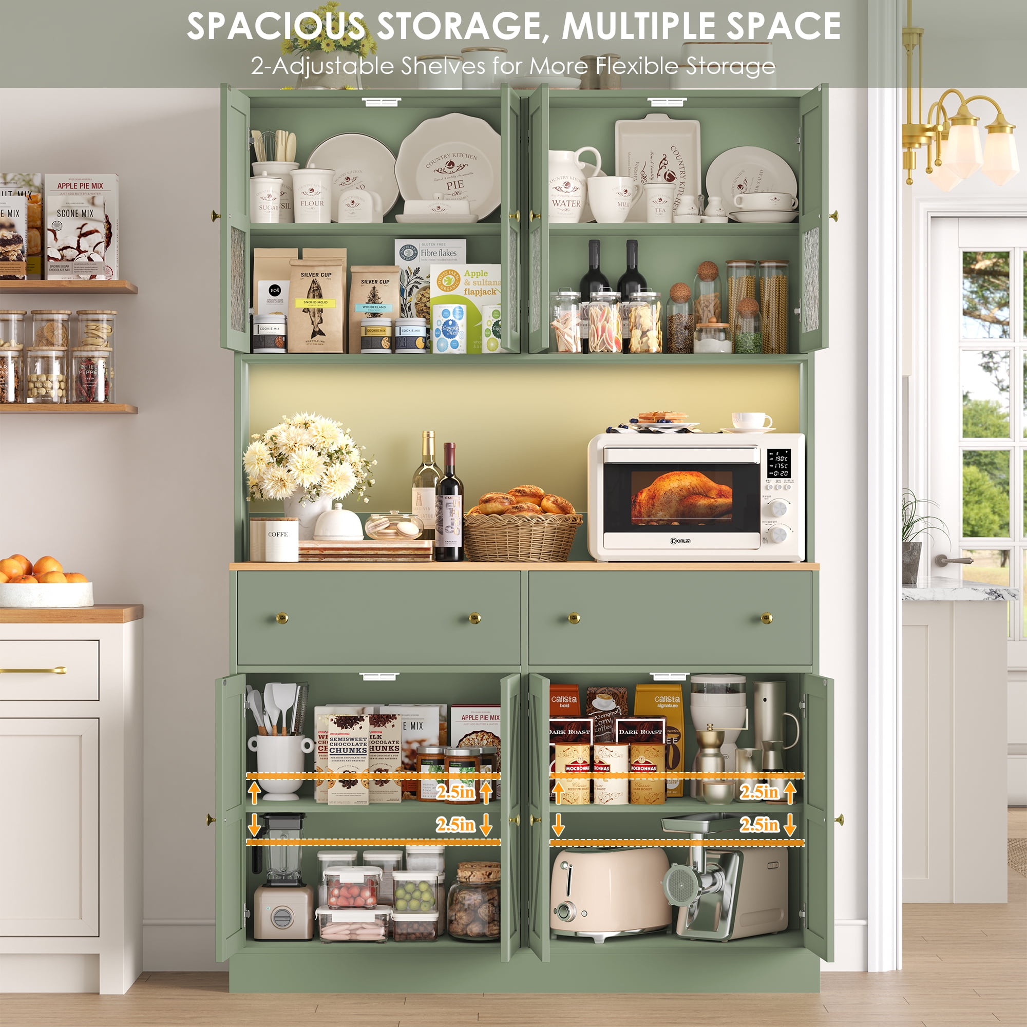 Homfa 71" Tall Kitchen Pantry Cabinet with LED Lights & Charging Station, MDF Freestanding Storage Cupboard with 8 Doors 2 Drawers, Buffet Cabinet with Storage for Dining Living Room, Green