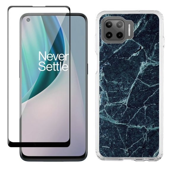 Slim-Fit Protective Phone Case compatible with Motorola Moto One 5G UW, with Tempered Glass Screen Protector, by OneToughShield ® - Marble / Blue