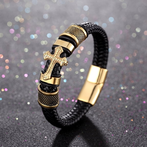 PU Leather Braided Cross Charm Bracelet Men's Leather Bracelet Vintage Leather Rope Bracelet,Golden