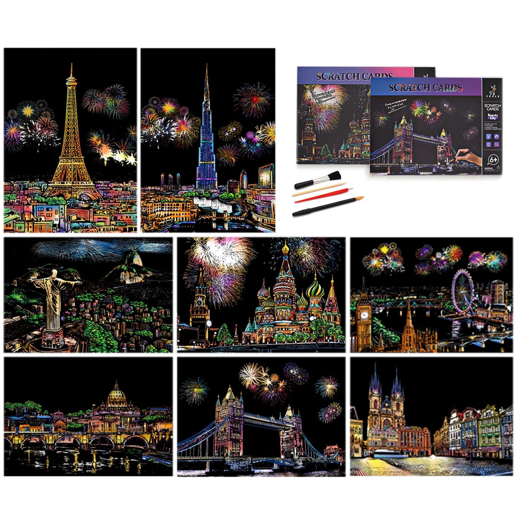 Jeexi 107pc Kids Scratch Paper Art Set, Rainbow & Black