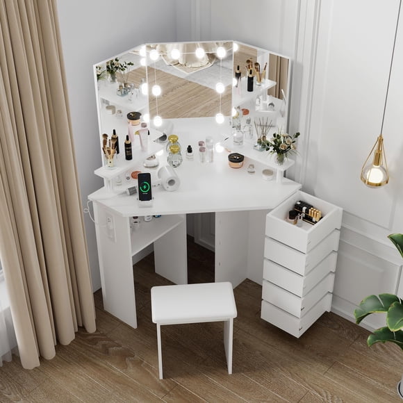 Vanity Desk with Lights, Mirror, and Power Outlet – Space-Saving Corner Makeup Table with 5 Rotating Storage Drawers and 3 Light Modes for Bedroom
