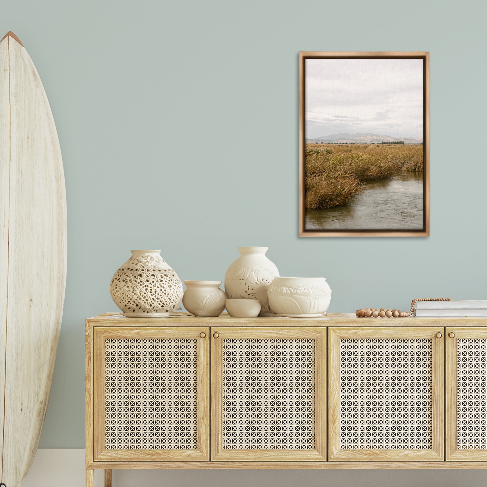 Stupell Industries Marshland with Distant Mountain Landscape & Nature Photography Brown Floater Framed Canvas Art Print Wall Art, 21 x 31