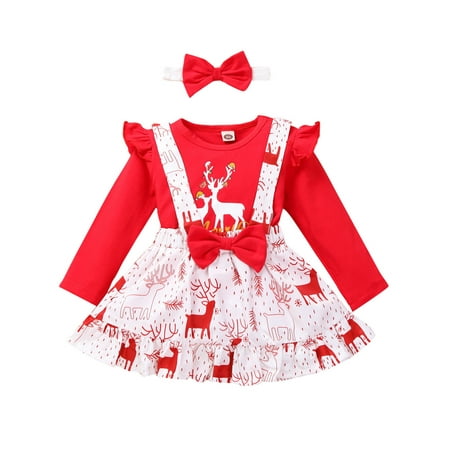 

Beiwei Infant Loose Letters Print Christmas Clothing Sets Long Sleeve Swing Skirts Outfit Suits Baby Elk Printed Home Skirt And Headband Set Red 80cm