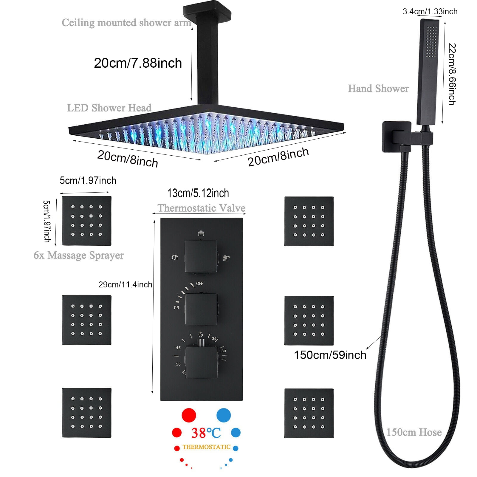 Thermostatic Shower Faucet Set 8"LED Rain Shower Head Combo Massage Mixer System