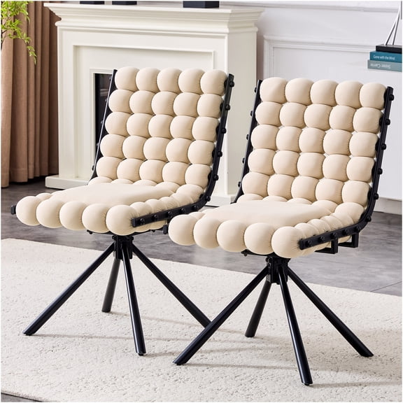 JERFIT 2-Pack Beige Velvet Dining Chairs with Bubble Tufted Back and Gold Legs, Modern Accent Chairs for Kitchen, Dining Room, Living Room