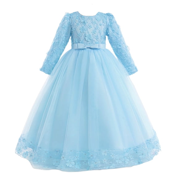Zpanxa Girls' Long Sleeve Lace Applique Floor-Length Tulle Gown Bow Belt Wedding Flower Girl Dress Dresses for Girls