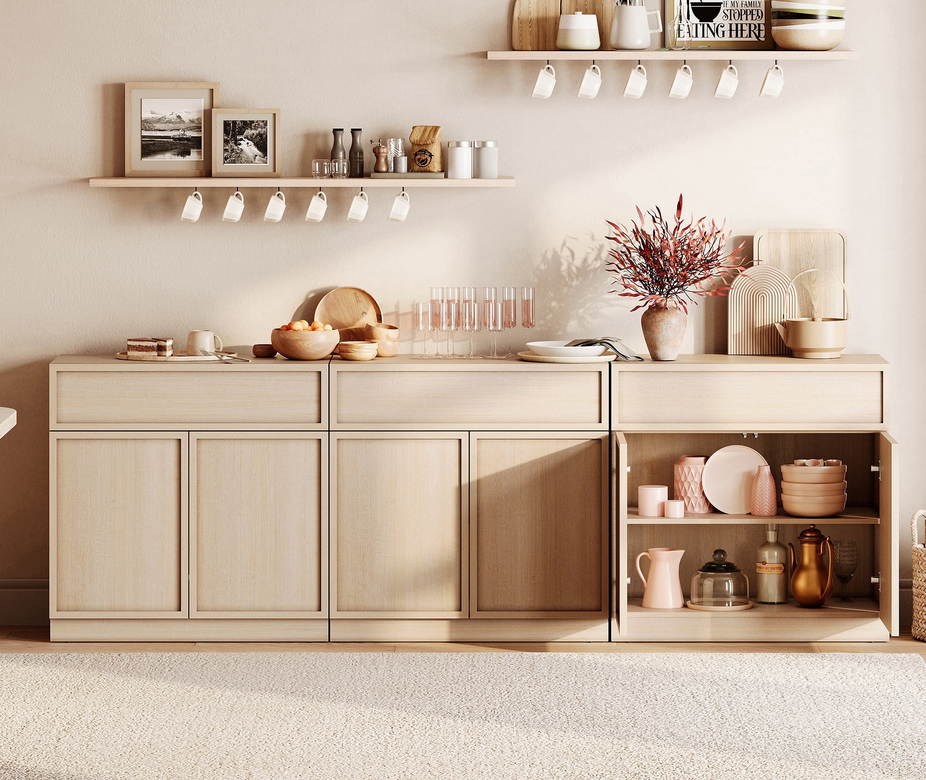 94.5" Modern Sideboard Buffet Cabinet with 6 Doors and Drawers, Multifunctional Sideboard with Large Storage and Adjustable Shelf, Beige