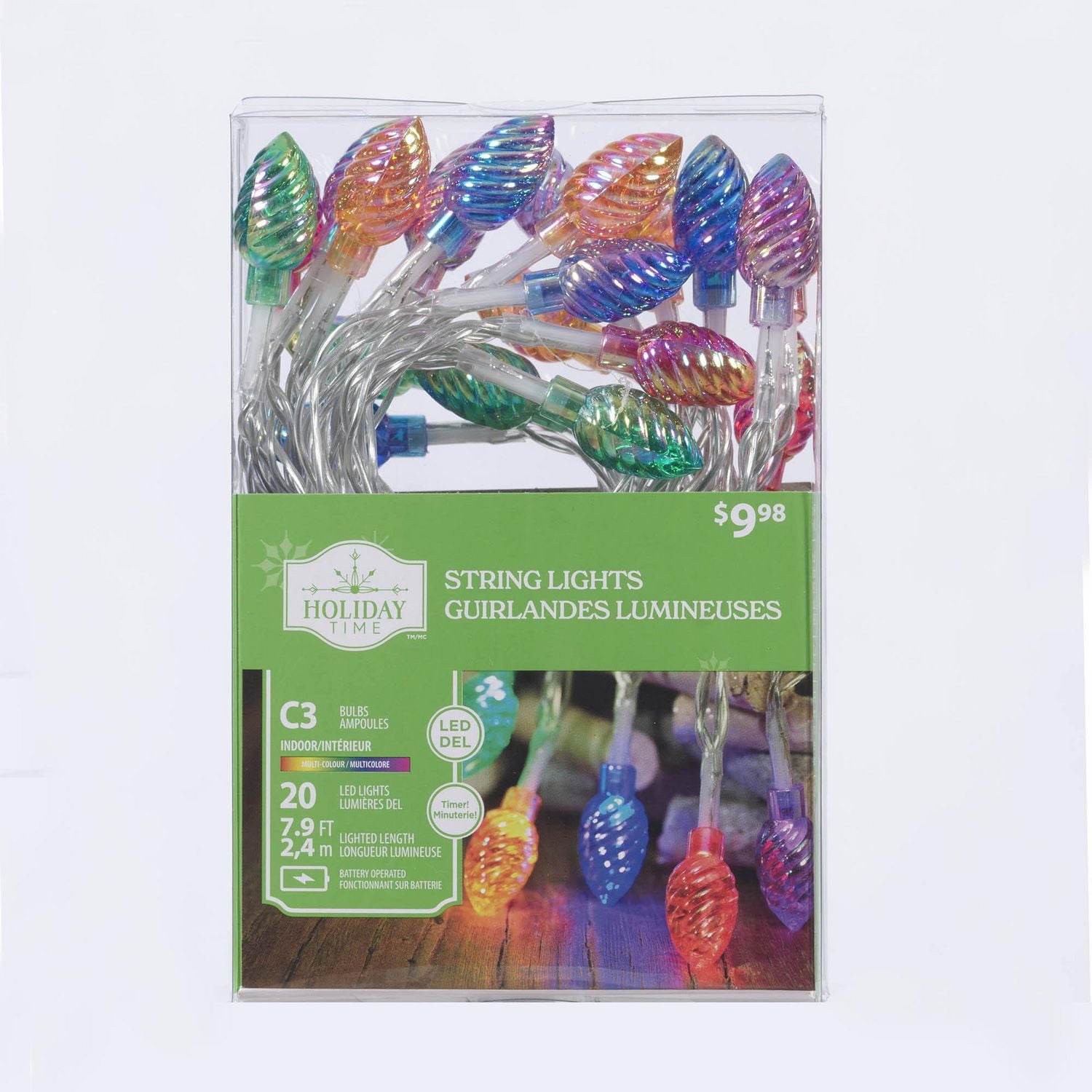 Lot de 20 ampoules de Noël Holiday Time à DEL en spirale C3, irisées, multicolores à piles, avec minuterie, de 7,9 pi