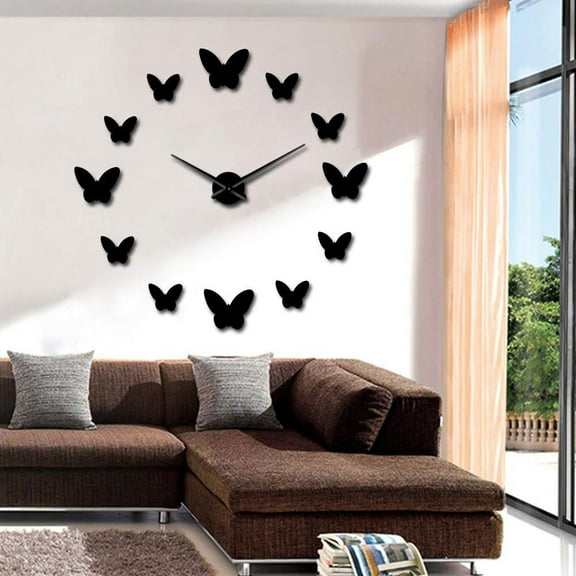 Frameless DIY Wall Clock 3D Mirror Butterflies Wall Watch Large Wall Clocks For Living Room Bedroom Home Decor Big Time Clock(Black,27inch)