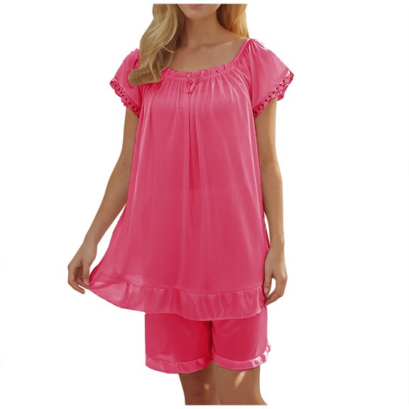 SCSAlgin Women Satin Pajama Set Short Sleeve Lightweight Silk Pajama Set 2 Piece Lounge Sets with Shorts