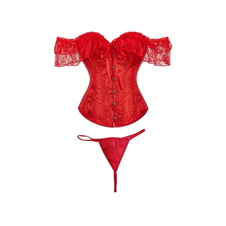 

Women Princess Renaissance Corset Lace Ruched Sleeves Overbust Tops Lace Up Off Shoulder Overbust Corset