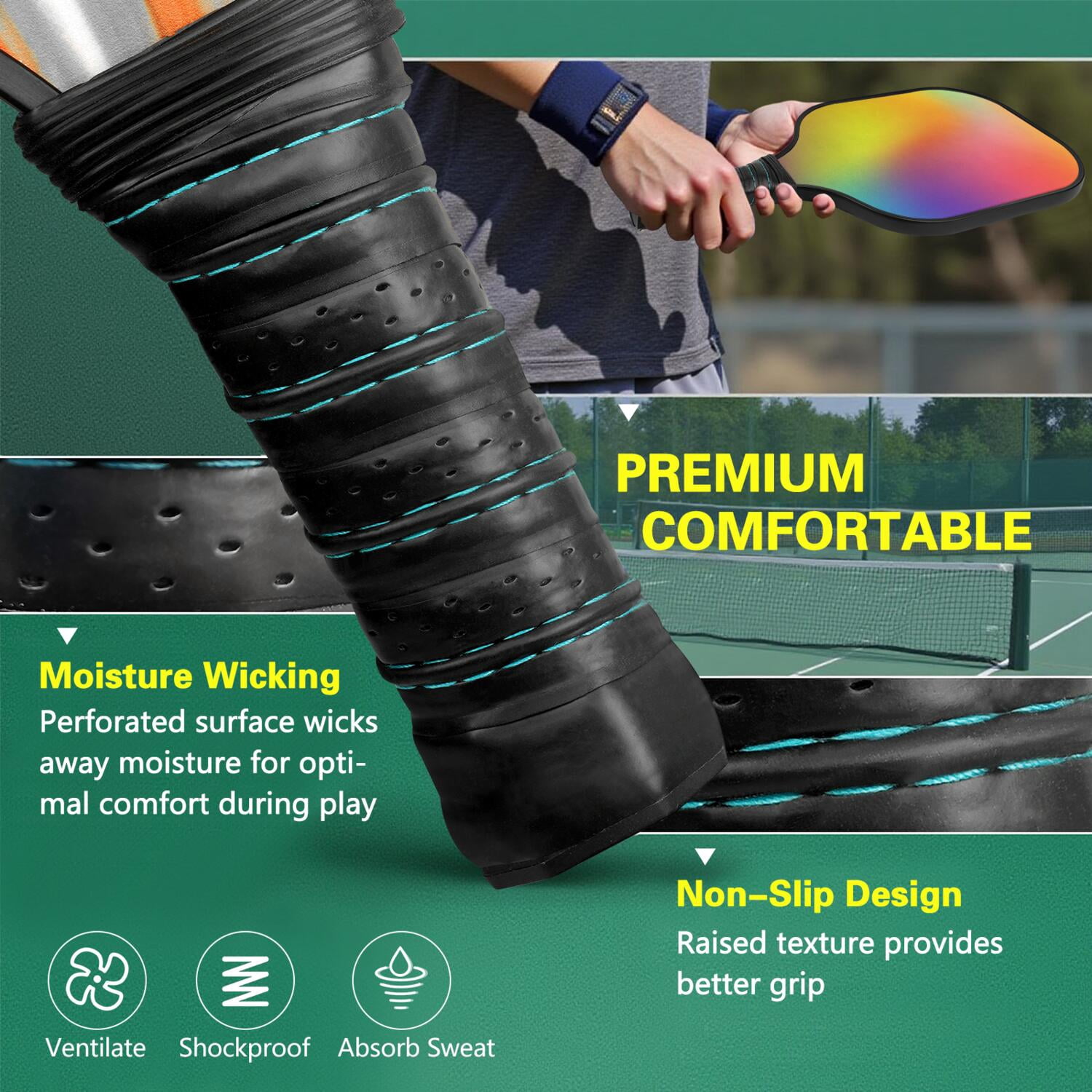 Pickleball Paddles Set Of 1, Fiberglass Surface, Vibrant Rainbow Print, 1 Paddle, 2 Balls & Bag