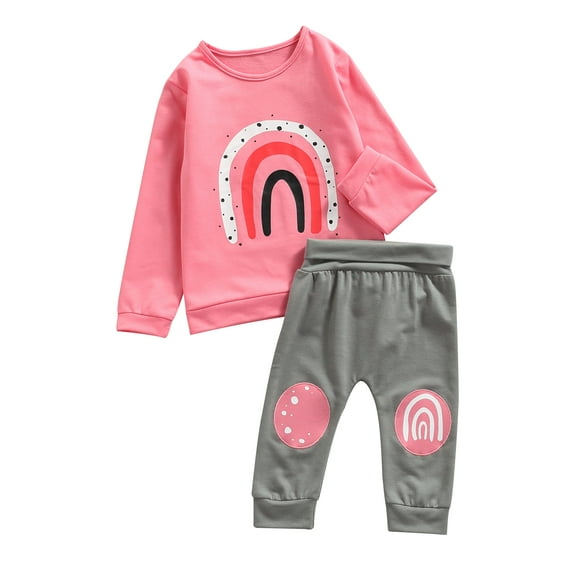 Bagilaanoe 2Pcs Toddler Baby Girl Long Pants Set Rainbow Print Long Sleeve Pullover Tops Trousers 6M 12M 18M 24M 3T 4T Fall Casual Sweatsuit