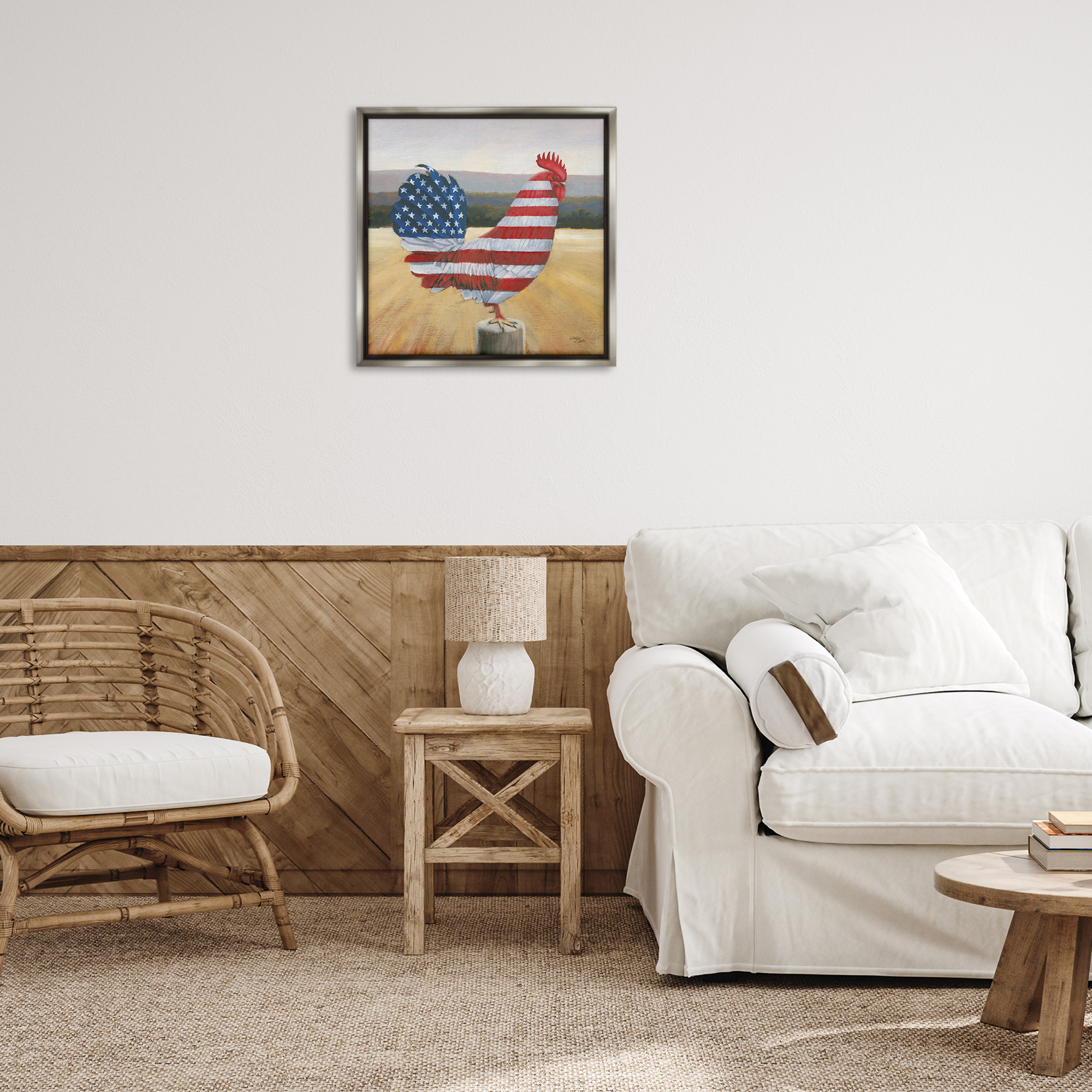 Stupell Industries American Flag Rooster Animals & Insects Painting Gray Floater Framed Canvas Art Print Wall Art, 25 x 25