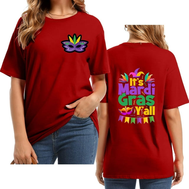 Outfmvch T-Shirts Mardi Gras pour Femmes, T-Shirts Graphiques, T-Shirts de Carnaval, Vêtements Mardi Gras, T-Shirt à Manches Courtes Col Rond Imprimé Lettre pour Femmes Rouge 1 3TG