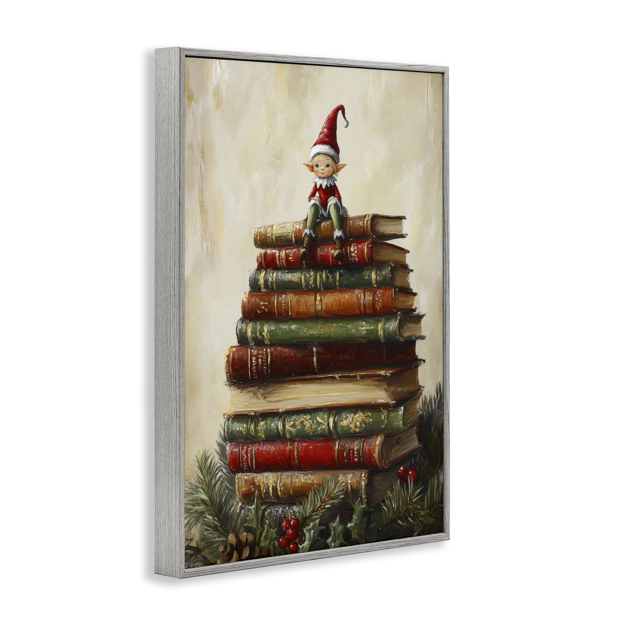 Christmas Elf Bookstack Gray Framed Giclee Art, design by Petal Prints Design