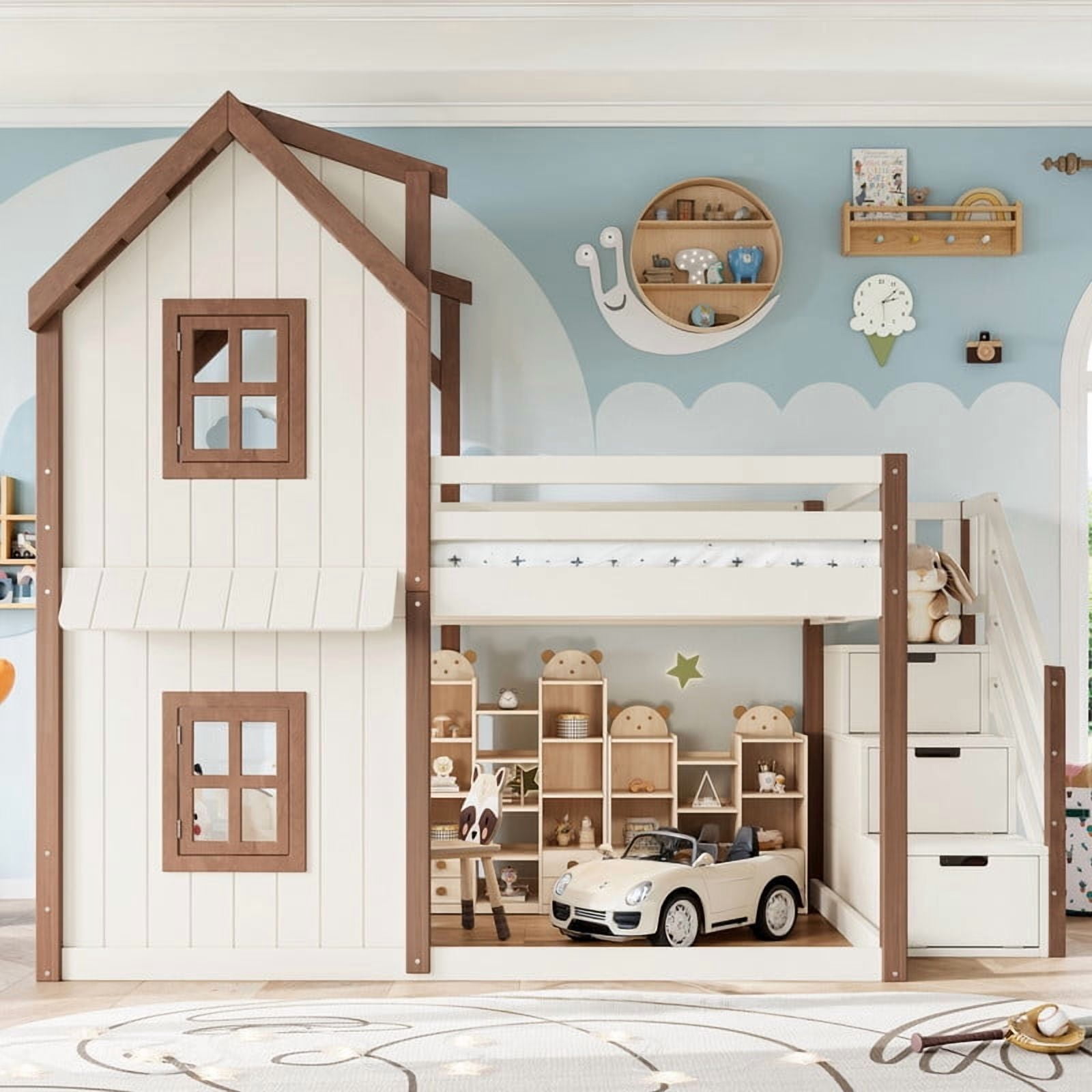Full-Over-Full Kids House Bed Frame with Storage Stairs & Bottom Floor Bed, Playhouse Bunk Bed with Roof & Window