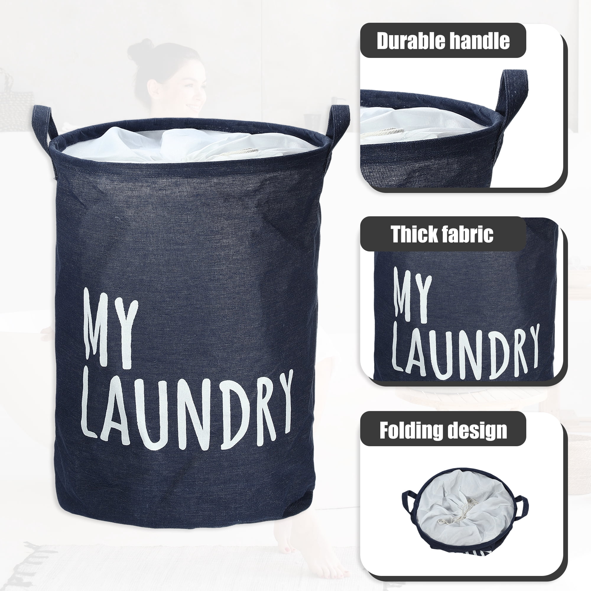 Unique Bargains Foldable Laundry Basket with Handle 1 Pc Navy Blue-13.78"x17.72"