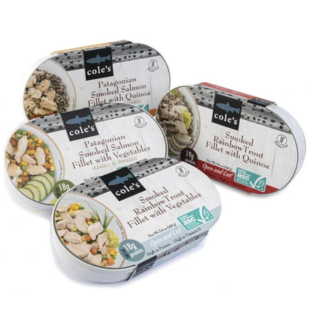 COLE’S OPEN & EAT MEALS VARIETY PACK | 5.6 OZ HAND-PACKED SMOKED SALMON & TROUT WITH QUINOA & VEGETABLES | READY TO EAT MEALS | HIGH PROTEIN (4 CANS) COLE’S OPEN & EAT MEALS VARIETY PACK | 5.6 OZ HAND-PACKED SMOKED SALMON & TROUT WITH QUINOA & VEGETABLES | READY TO EAT MEALS | HIGH PROTEIN (4 CANS)