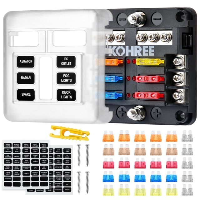 Kohree Bloque de fusibles para barcos de 6 vías, 12 V, 12 V, bloque de fusibles marinos, resistente al agua con indicador LED, soporte para caja de fusibles para automóviles, 12 V/24 V con bus negativ
