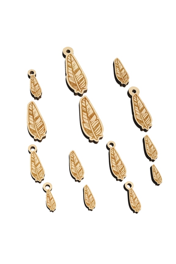 Hand Drawn Artsy Feather Wood Mini Charms Shapes DIY Craft Jewelry - With Hole - 30mm (6pcs)