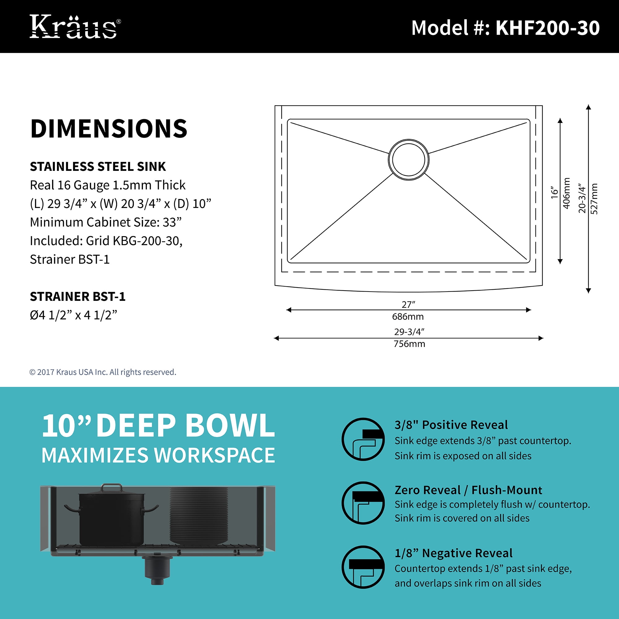 Kraus KHF200-30-1650-41 Kitchen Combo 29-3/4" Farmhouse Single Basin 16 Gauge Stainless