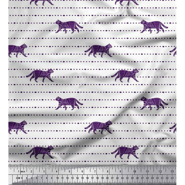 Soimoi Purple Poly Georgette Fabric Dot & Cat Animal Print Fabric by Yard 52 Inch Wide