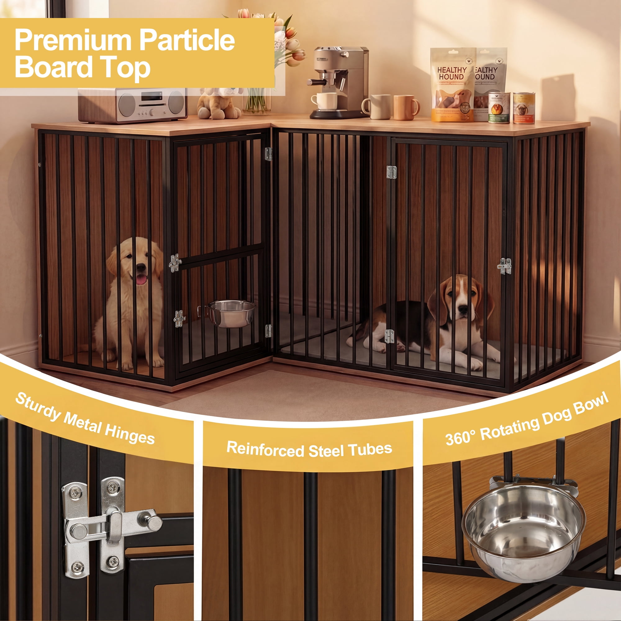 TPHORK Dog Crate Furniture for 2 Dogs, Corner Heavy Duty Double Dog Kennel Furniture with Divider, Indoor Wooden Dogs Crate Large Breed, Black