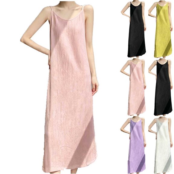 YHAJDS Ladies Nightgowns Sleeveless Crew Neck Ice Silk Ruched Lightweight Dress Homewear