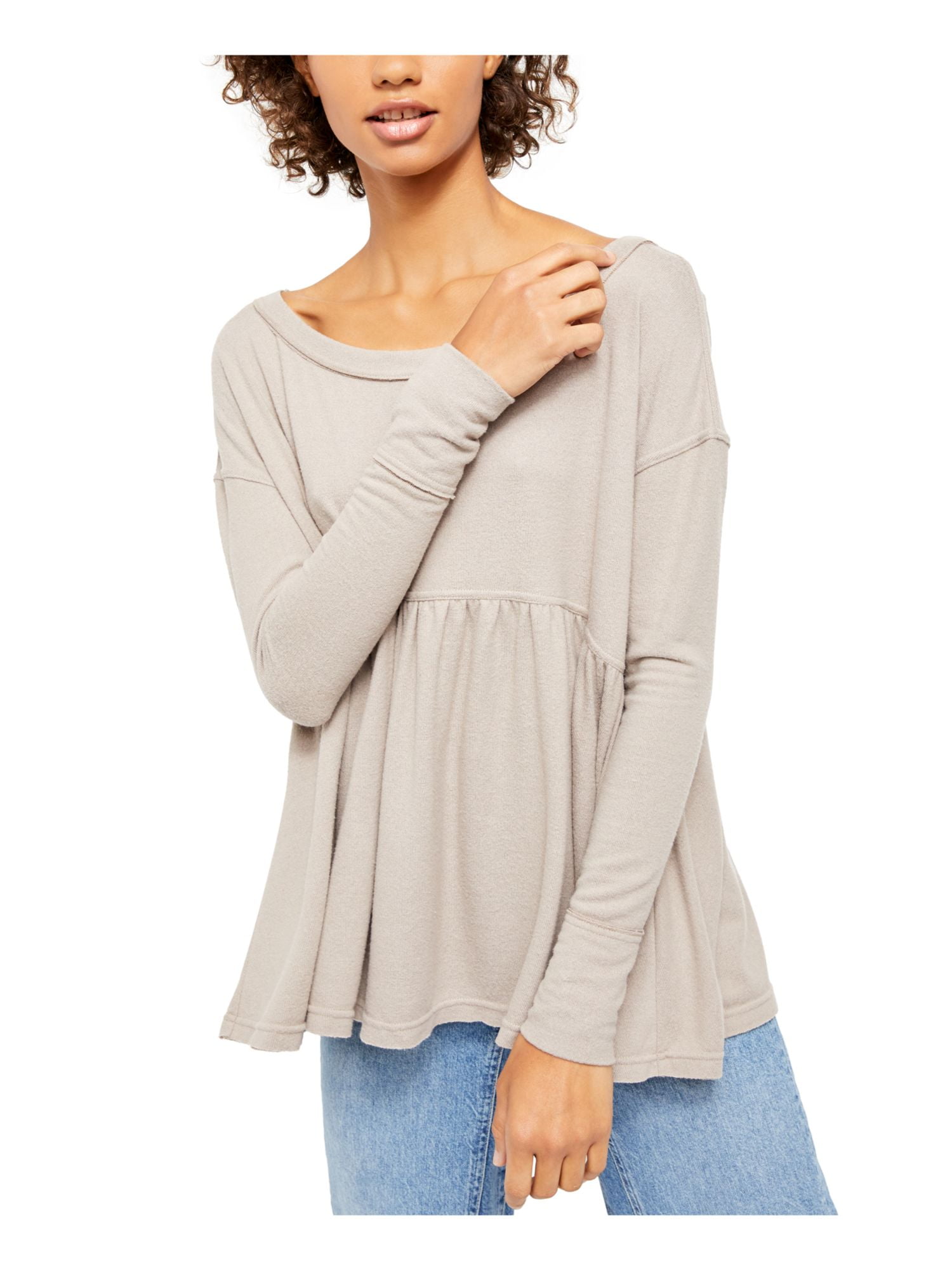 FREE PEOPLE Womens Beige Long Sleeve Jewel Neck Baby Doll Top Size M