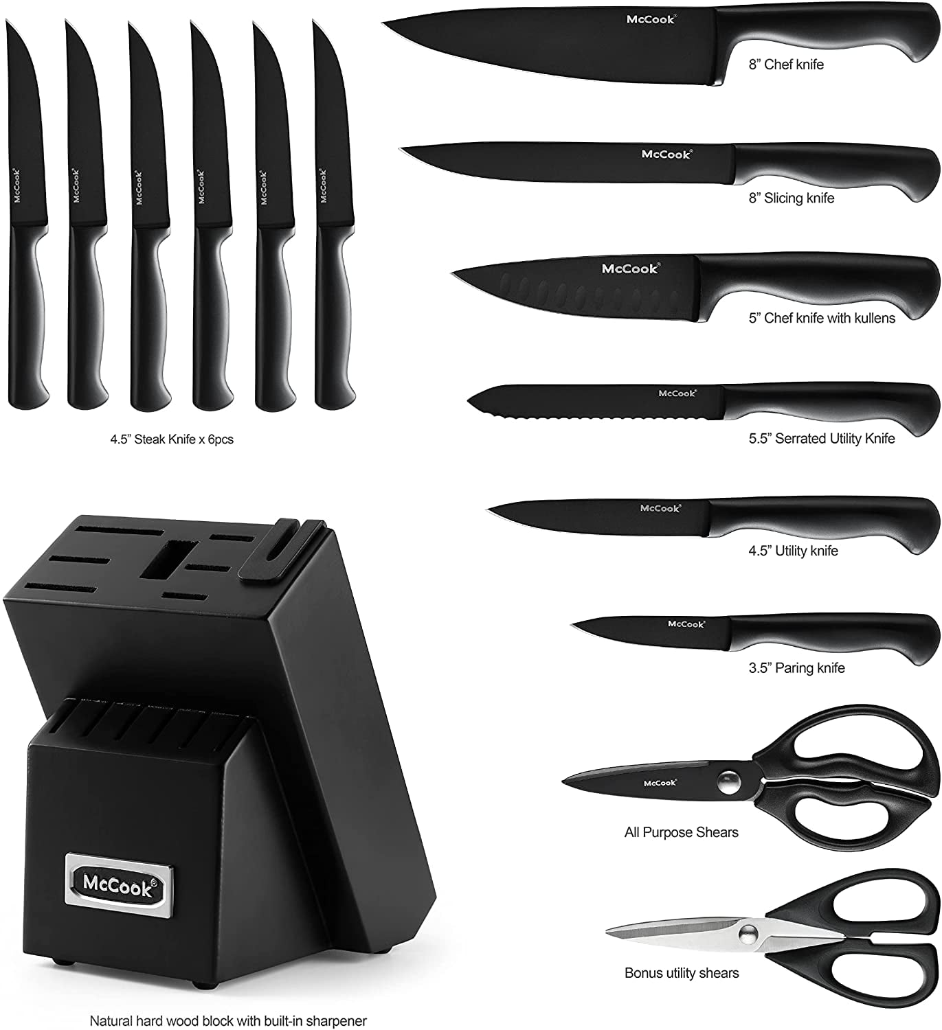 McCook® Kitchen Knife Sets, Golden Titanium Stainless Steel Knives Block  Set with Built-in Sharpener