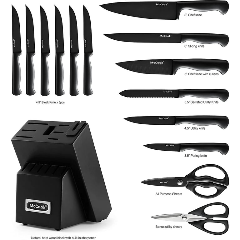 McCook MC21B Black Knife Set, 15 PCS High Carbon One Piece Forged Stainless  Steel Kitchen Knife Set, Knife Set with Block and Built-in Sharpener ,6 Pcs Steak  Knives 