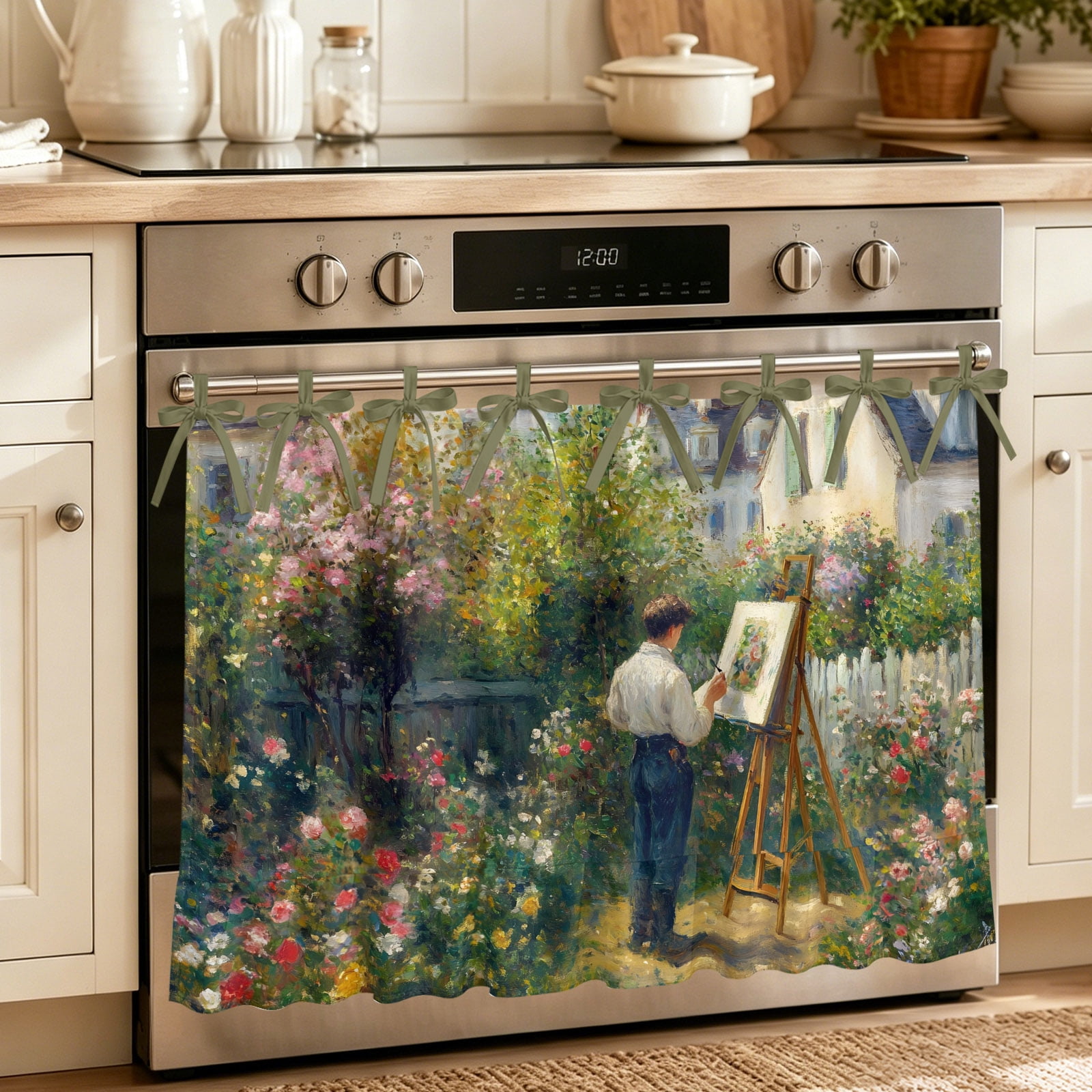 Oven Skirt Curtain for Kitchen 20x27 Inch Country Flowers Oven Curtain with 8 Ribbon Ties & Ruffle Trim Stove Skirt Curtain Dishwasher for Cabinets Over Sinks Farmhouse Garden Flowers Artwork