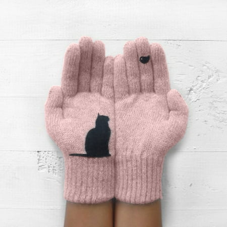 

Tangnade Fashion Ladies Woolen Gloves Autumn And Winter Outdoor Warm Cat Printing Gloves