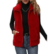 ZXZY Women Lapel Collar Full Zip Sleeveless Pockets Fleece Vest Coat