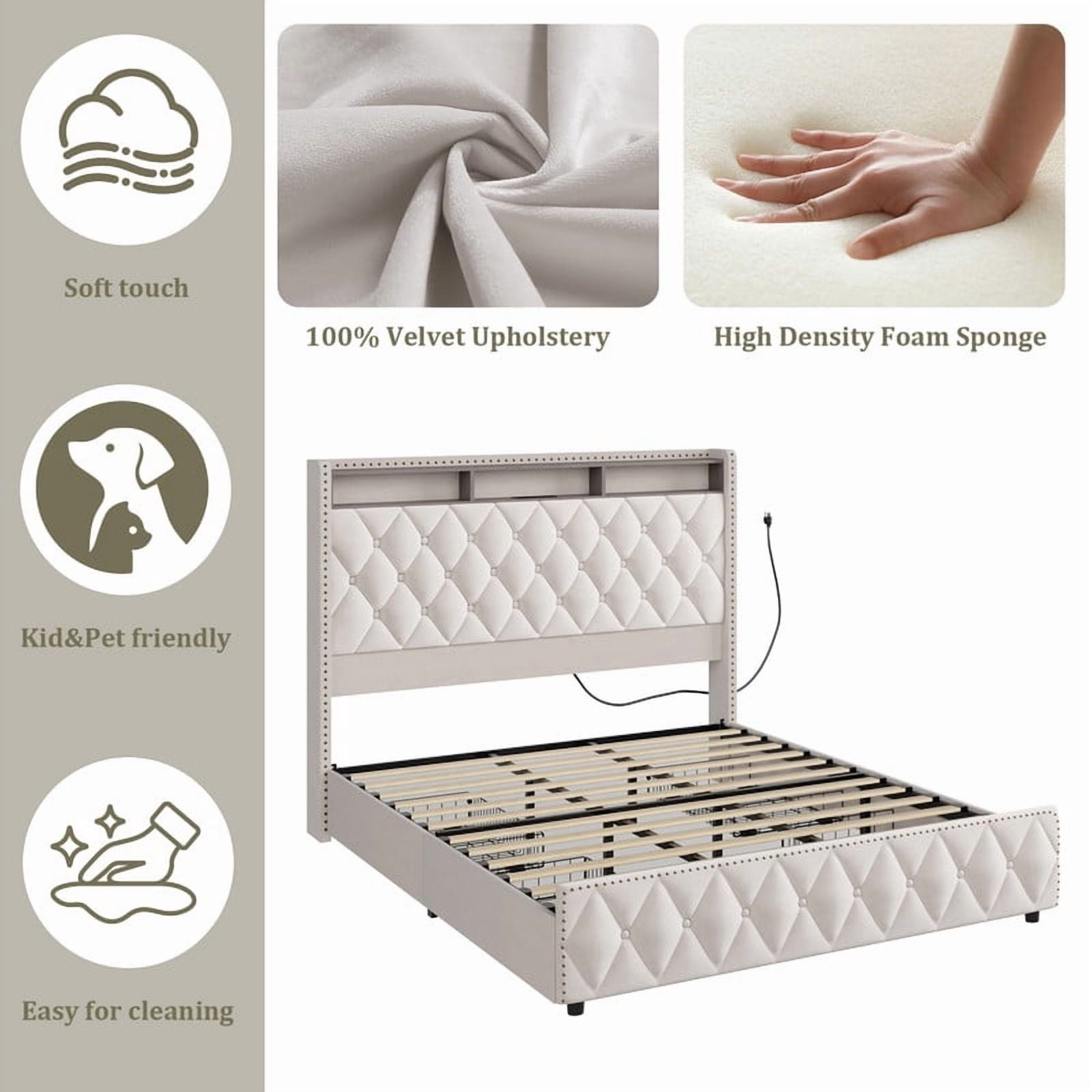 Towallmark Queen Size Bed Frame with 50.8" Tall Headboard, Platform Velvet Upholstered Bed Frame with 4 Storage Drawers, USB Charging Station, Led Lights, No Box Spring Needed, Easy Assembly,Gray