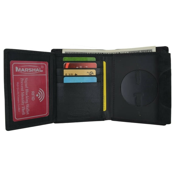 Genuine Leather RFID Blocking Trifold Badge Holder ID Wallet Black