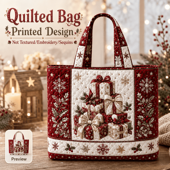 Christmas Printed Quilted Tote Bag, Holiday Gift Box Snowflake Pattern Handbag, Festive Carry Bag for Christmas Shopping Gift Party Outfit ****