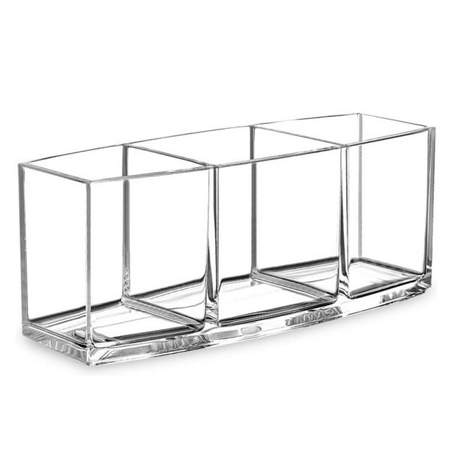 Portabrochas de maquillaje transparente, moderno y sencillo, con 3 compartimentos para lápices de cejas, ideal para escritorios de oficina.