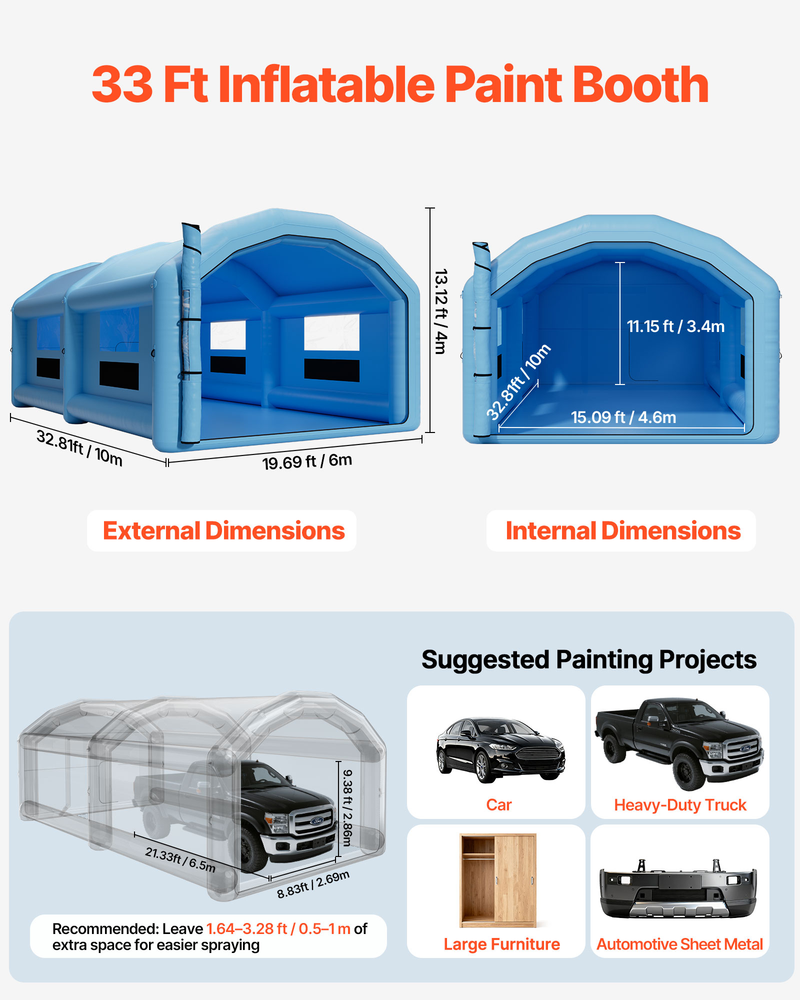 VEVOR Inflatable Paint Booth, 32.81 x 19.69 x 13.12 ft, Inflatable Spray Booth with 950W and 1100W Blowers and Air Filter System, Round Roof, for Painting Car, Truck, Furniture,Automotive Sheet Metal