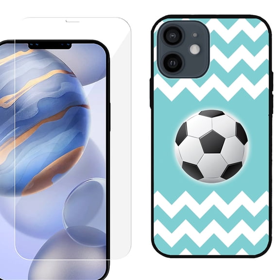 Slim-Fit Protective Phone Case (Black) compatible with iPhone 12 / iPhone 12 Pro, with Tempered Glass Screen Protector, by OneToughShield ® - Chevron/Teal/Soccer