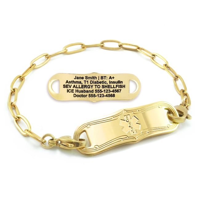MedicEngraved Yellow Gold Stainless Steel Custom Medical Alert Bracelet - 4mm Paperclip Link