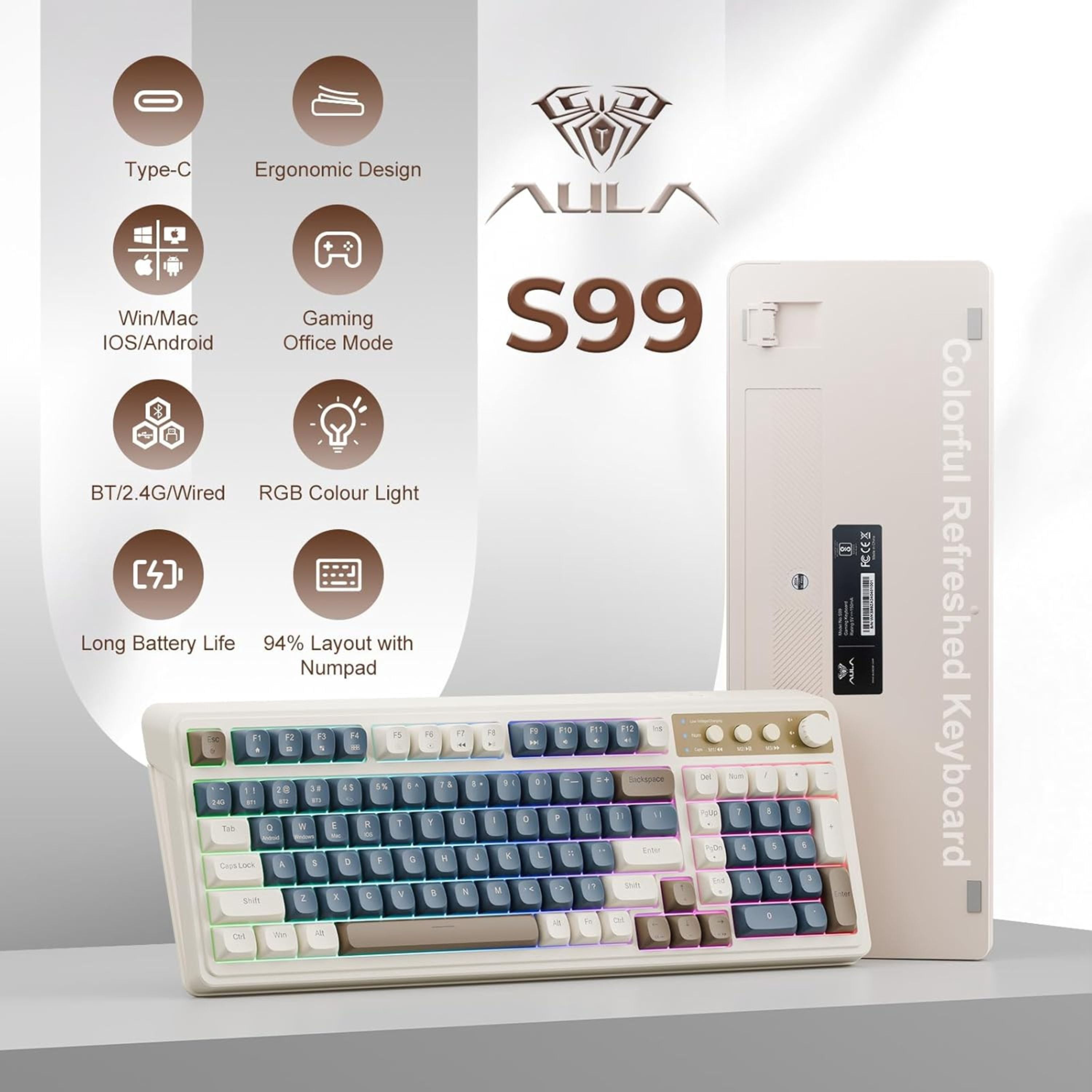 AULA S99, 99-Key, Wireless, Membrane, Gaming Keyboard, RGB, 5-Layer Padding, 2000 mAh Battery, Knob