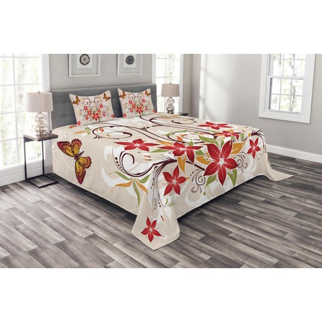 Floral Bedspread Set Queen Size, Butterflies and Flourishing Swirled Blossoms Bouquet Botany